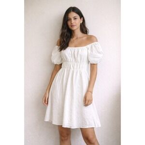 DOKOTOO Off Shoulder Puff Sleeve Smocked Waist Mini Dress White Size S